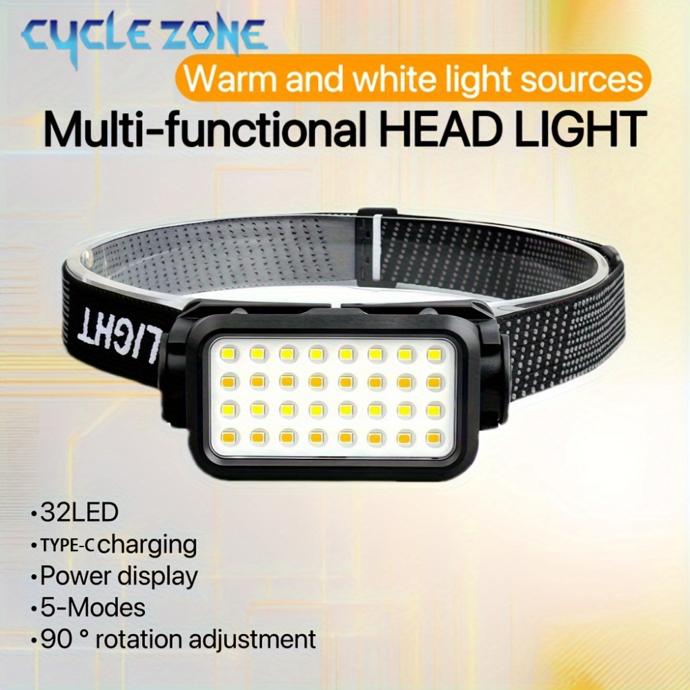 Outdoor Adventure At - ポータブル充電式ヘッドランプ,32個のLED, 5つの調整可能なモード,夜のアウトドアアドベンチャー,釣り,ウォーキング,ハイキング