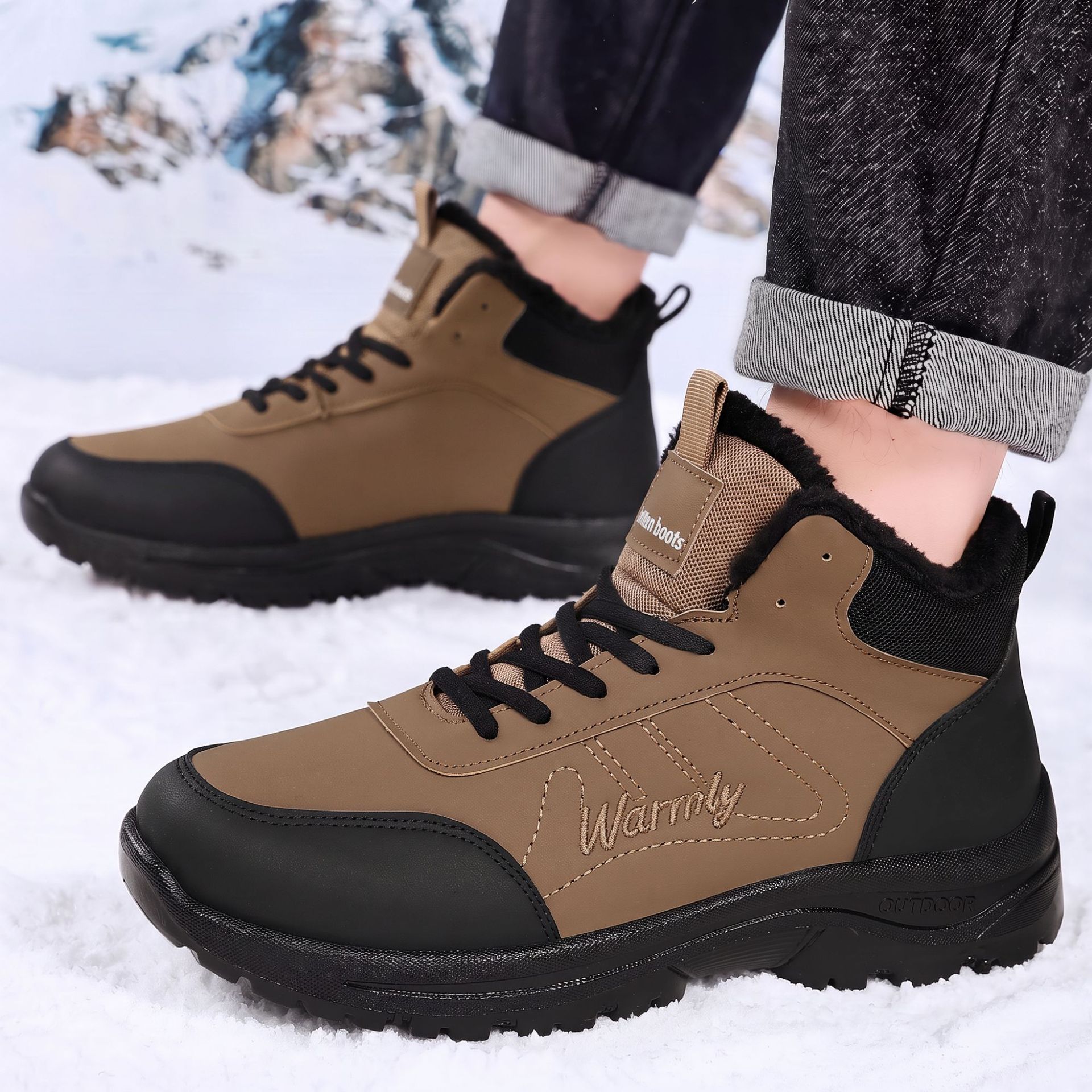 Outdoor Adventure Hiking - 冬のアウトドアハイキング用の厚いベルベットを使用したメンズコットンシューズ、カジュアルで多用途、柔らかいソールで快適なワークウェアシューズ