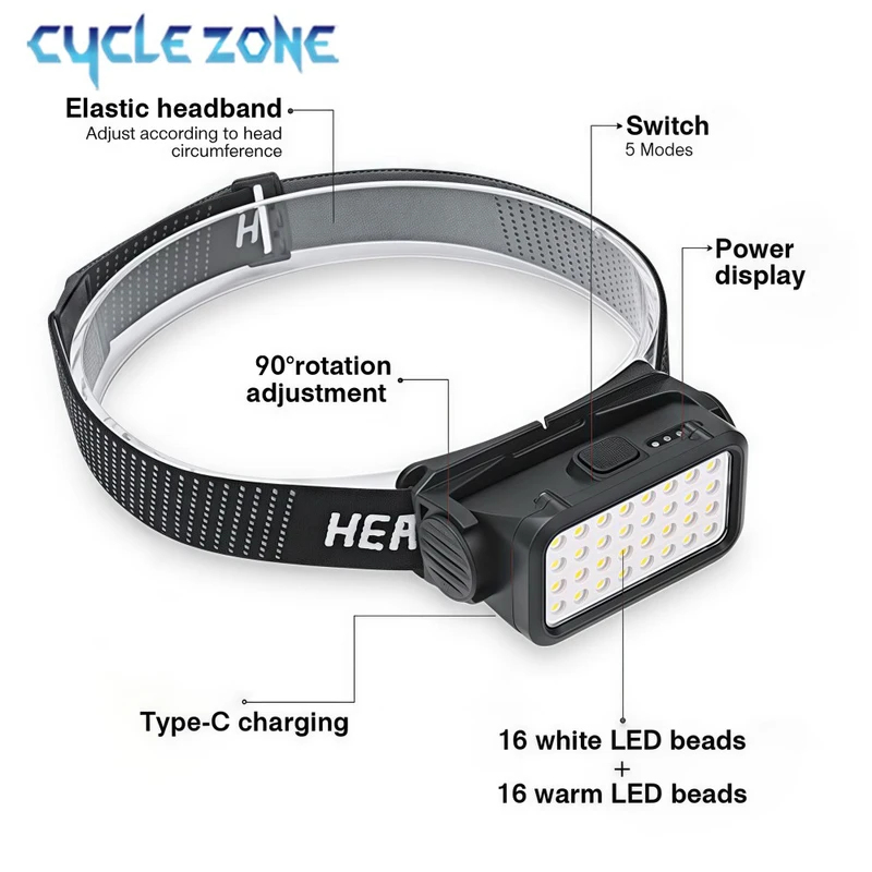 充電式ヘッドランプ 32 LED 5 モード調整可能なヘッド - Outdoor Adventure At のレビューと価格