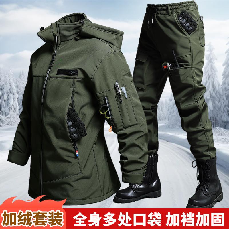 秋と冬のベルベット防水タクティカルジャケットとパンツセット男 - Outdoor Adventure Hiking のレビューと価格